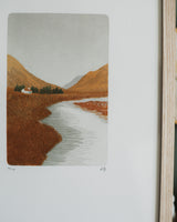 A House in the Mountains Lino Print – Rust Artwork Hannah Farthing