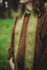 Merino Wool Skinny Scarf in Olive Flora