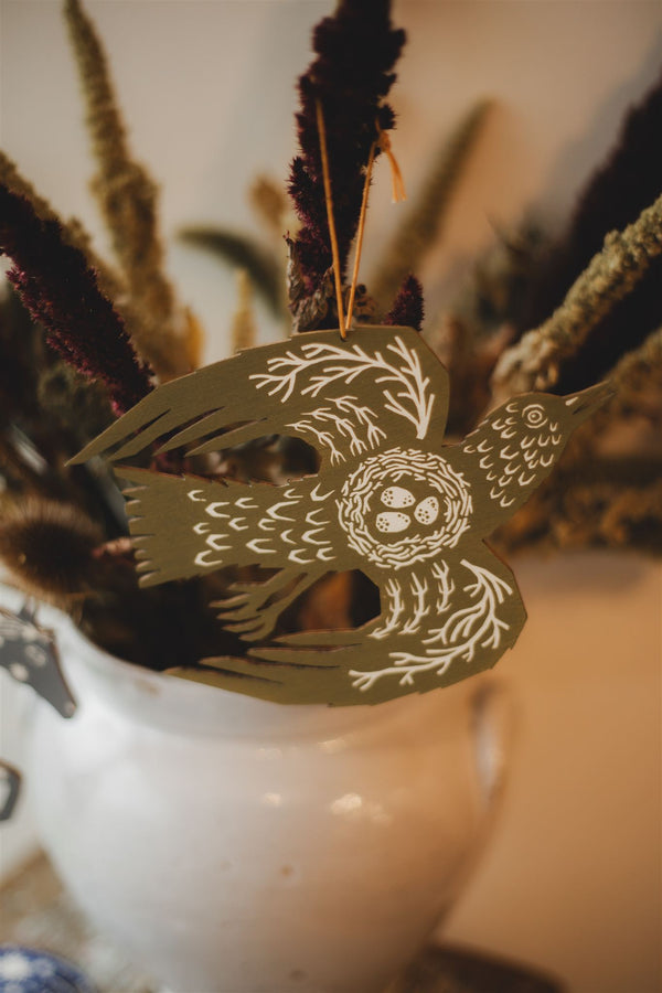 Woodland Bird Screenprinted Wooden Decoration Homeware Folded Forest