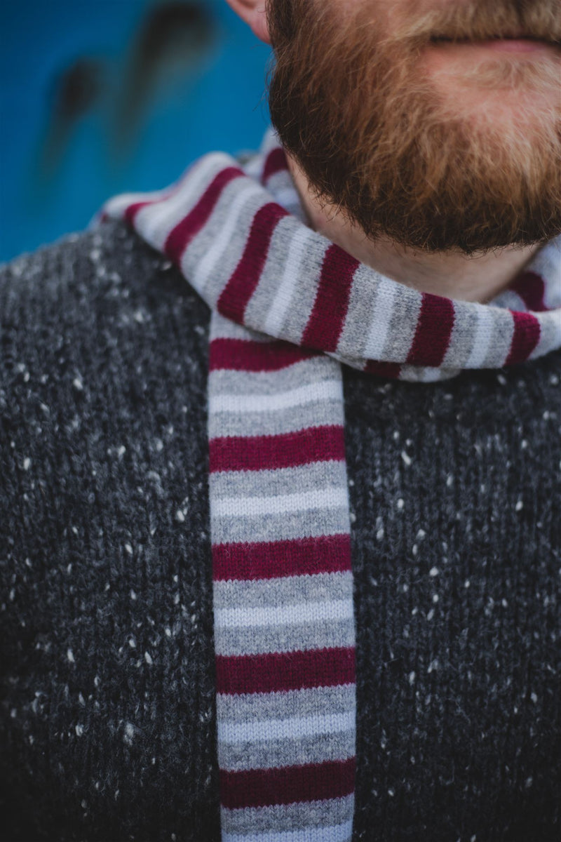 Merino Wool Neck Tie in Burgundy Stripe Knitwear The Tartan Blanket Co
