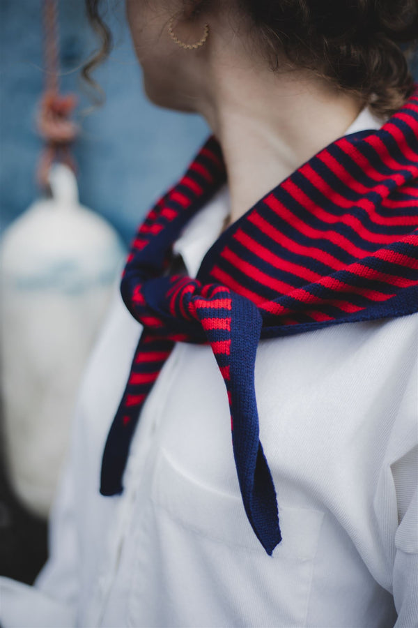 Merino Triangle Scarf – Navy & Red Stripe