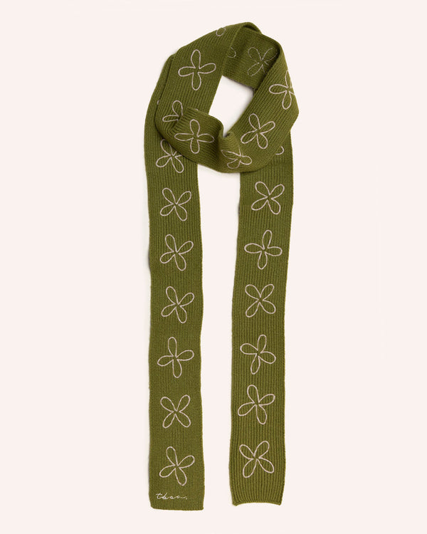 Merino Wool Skinny Scarf in Olive Flora