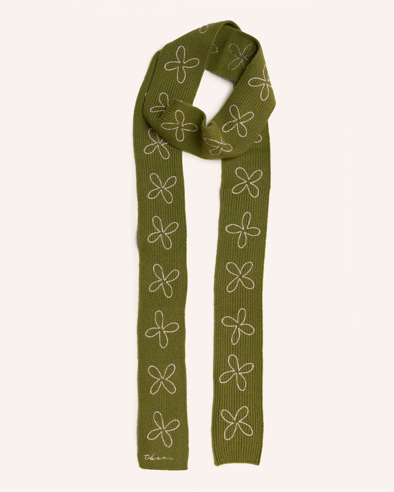 Merino Wool Skinny Scarf in Olive Flora