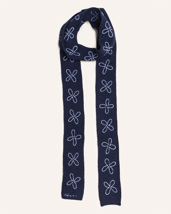 Merino Wool Skinny Scarf in Navy Flora