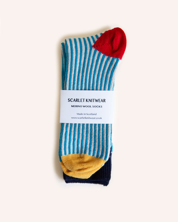 Merino Wool Socks - Blue/Cream 6-11 Knitwear Scarlet Knitwear   