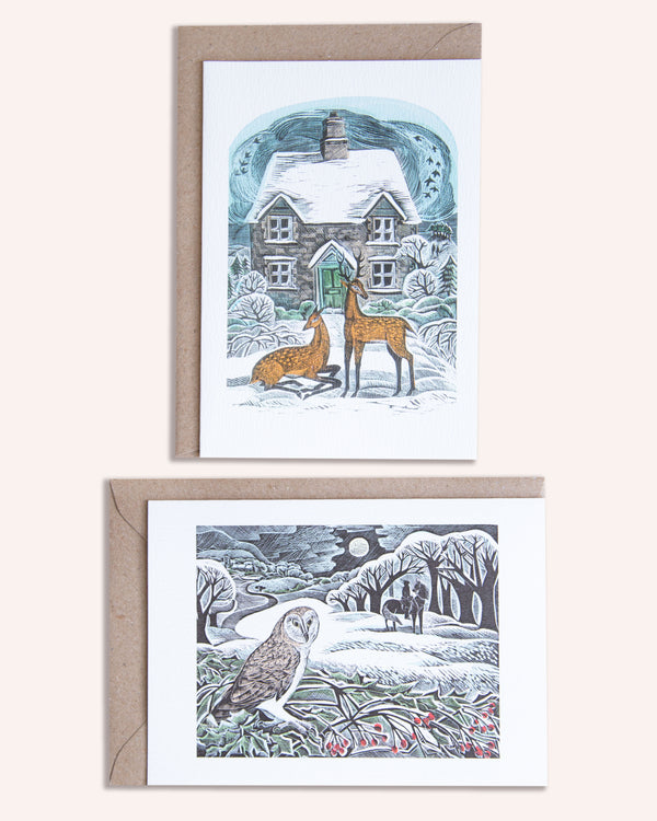 Christmas Cottage & Owl Flight Notecard Pack Cards Art Angels