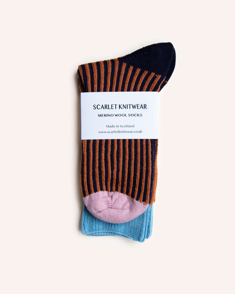 Merino Wool Socks - Rust/Navy 4-7 Accessories Scarlet Knitwear