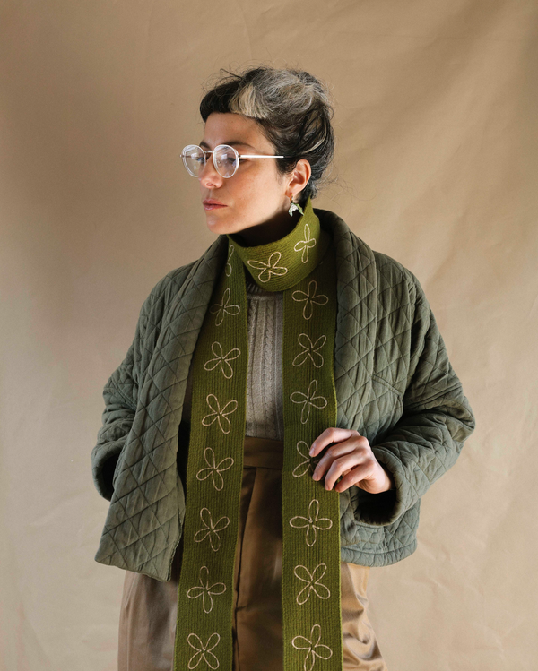Merino Wool Skinny Scarf in Olive Flora