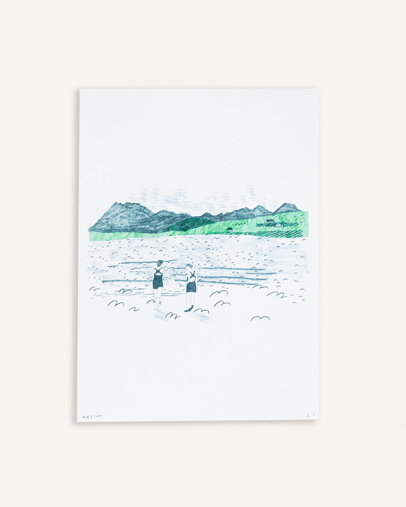 Skye Swimmers Risograph Print Art Louise Smurthwaite   